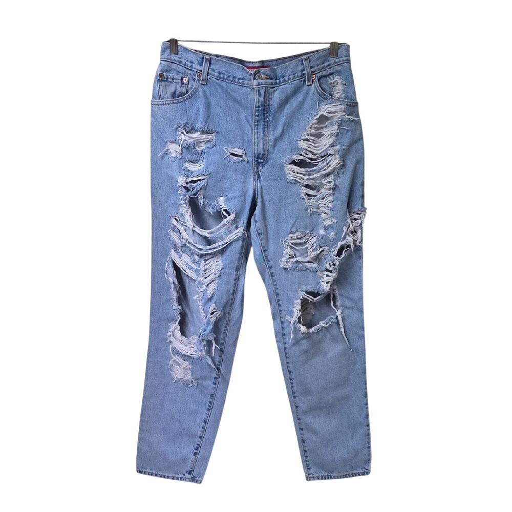 Levi's Classic Relaxed 550 Heavily Distressed Blue Denim Jeans Womens Size 16